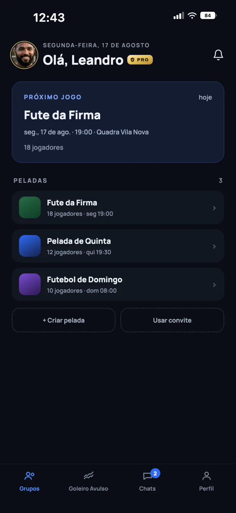 Tela inicial do Peladaí com o próximo jogo e a lista de peladas