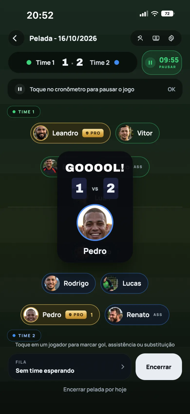 Registro de gol e assistência durante a partida