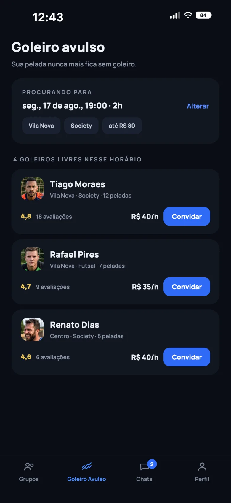 Busca de goleiro avulso com nota e botão Convidar