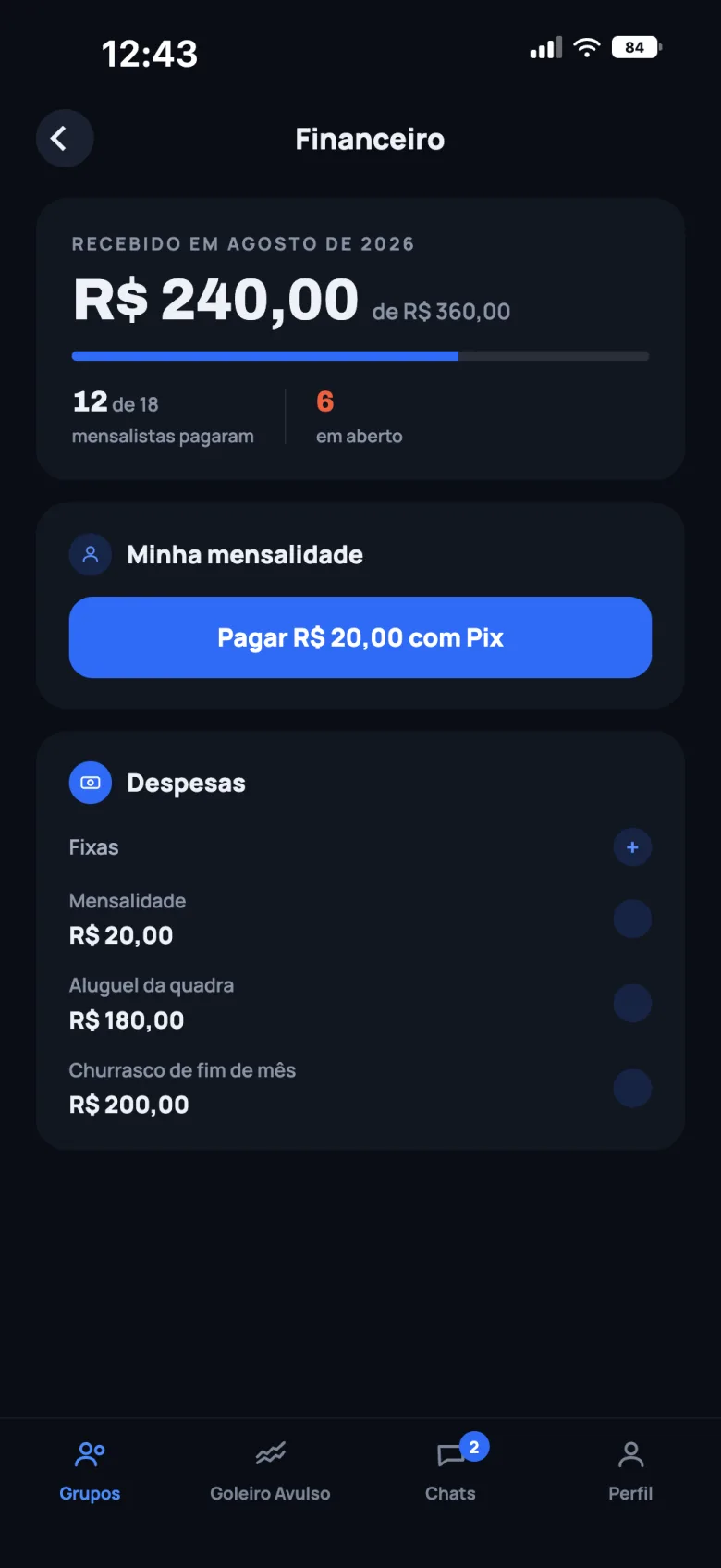 Tela financeira com o recebido no mês e as despesas