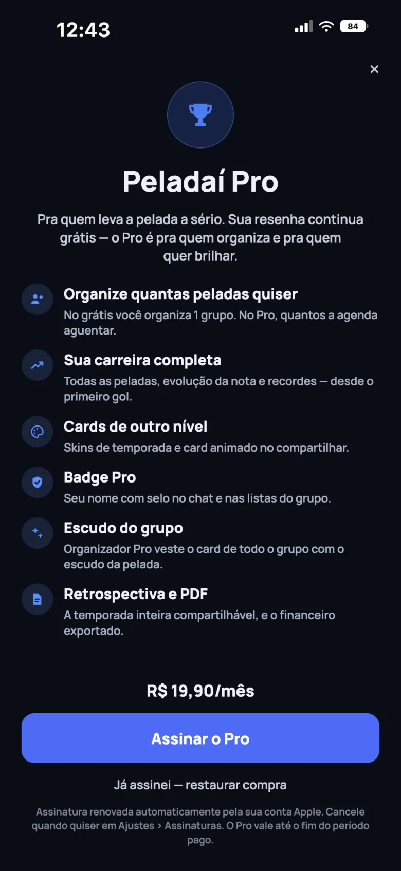Tela do Peladaí Pro com os benefícios da assinatura
